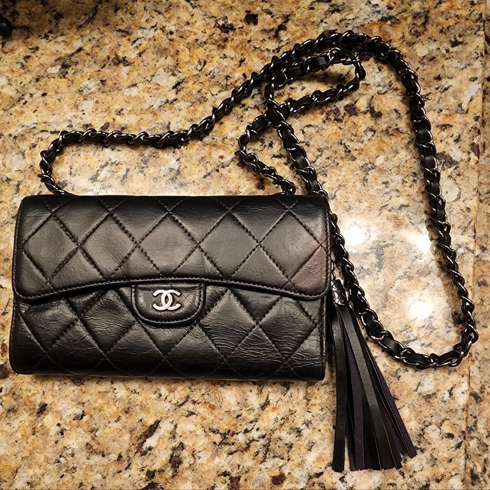 Chanel Flap in Matelasse Lamb Leather Gun Metal Wallet on Chain